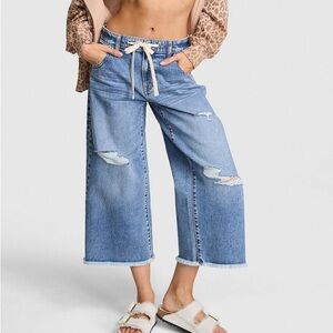 Wide Leg Cropped Distressed Jeans - Light Blue